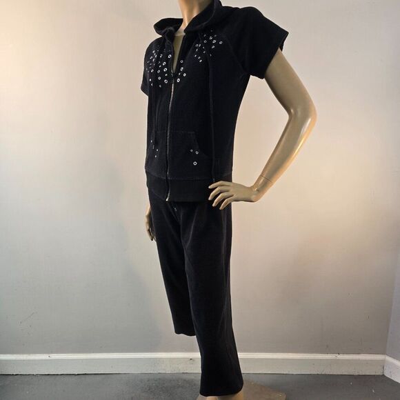Vishal Black Track Jogging Suit Zip Up Hoodie With Cropped Pants Womens Sz M - Picture 5 of 11